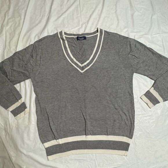 Zara Man Gray V-Neck Silk Blend Sweater with Cream White Trim Size XL - Picture 3 of 8